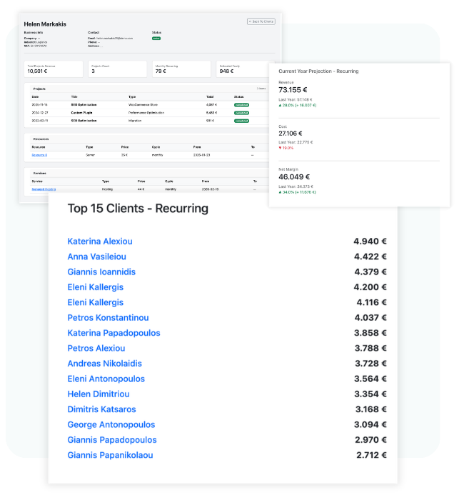 client management view with active services and pricing history